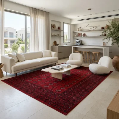 שטיח אפגני BHR 04 עבודת מכונה XXL, Spacious open-plan contemporary Israeli living room with integrated kitchen, Soft, natu...