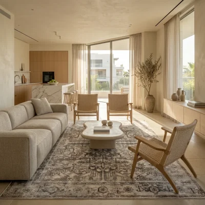 שטיח וינטג' קשמיר בז' פודרה 2, Spacious open-plan living room in a luxury Israeli penthouse, lifestyle props, Soft, warm, ...