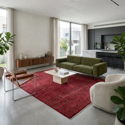 שטיח דגם נמסיס קלאסי 17 אדום עבודת מכונה, Open-plan, Central Israeli apartment, Complimentary (Adaptive), lifestyle props,...