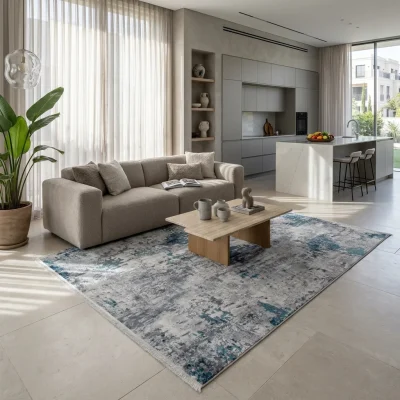 שטיח מודרני אבסטרקט אלור אפור כחול 5754, Curated Artisanal Modern, Soft Mediterranean afternoon daylight, lifestyle props.