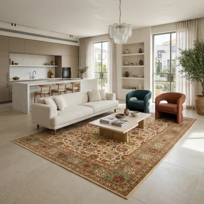 שטיח וינטג' דוגמא קלאסית 1966-00 XXL, Spacious open-plan contemporary Israeli living room with integrated kitchen, Soft, n...