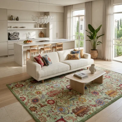 שטיח וינטג' דוגמת קזאק ירוק 2087-03 XXL, Spacious open-plan contemporary Israeli living room with integrated kitchen, Soft...