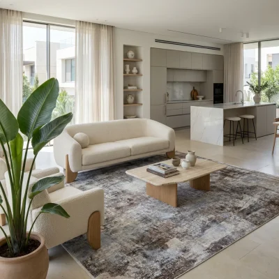שטיח גלוריה 1984-03, Curated Artisanal Modern, Soft Mediterranean afternoon daylight, lifestyle props.