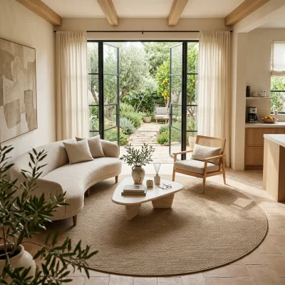 שטיח עגול INDIA דמוי חבל דגם 670 Outdoor/Indoor, Israeli Garden Apartment, lifestyle props, Soft, sunny daylight filtering...