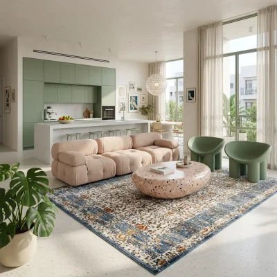 שטיח אטלס דוגמא קלאסית מסגרת כחולה 730, lifestyle props, Playful Luxury Modern, Soft Natural Mediterranean Afternoon Daylight.