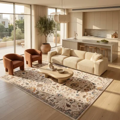 שטיח דגם נמסיס קלאסי PTA 16, Open-plan living room in a contemporary Israeli home, lifestyle props, New Mediterranean-Mode...