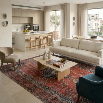 שטיח וינטג' אדום דלמן 5070 XXL, Spacious open-plan contemporary Israeli living room with integrated kitchen, Soft, natural...