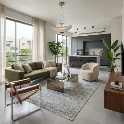שטיח מודרני אפור דוגמא קלאסית דגם אלור 8690, Open-plan, Central Israeli apartment, Complimentary (Adaptive), lifestyle pro...