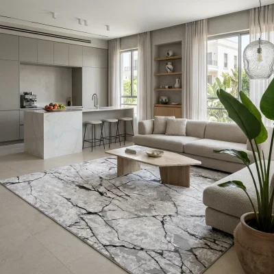 שטיח מודרני אפור 350-00, Curated Artisanal Modern, Soft Mediterranean afternoon daylight, lifestyle props.