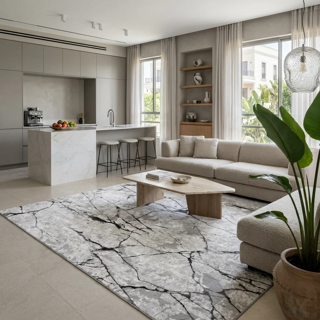 שטיח מודרני אפור 350-00, Curated Artisanal Modern, Soft Mediterranean afternoon daylight, lifestyle props.