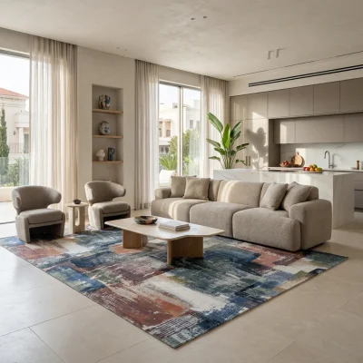 שטיח בלגי דגם בריסל 24, Curated Artisanal Modern, Soft Mediterranean afternoon daylight, lifestyle props.