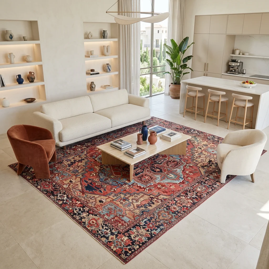 שטיח וינטג' קשמיר 92 XXL, Spacious open-plan contemporary Israeli living room with integrated kitchen, Soft, natural Medit...