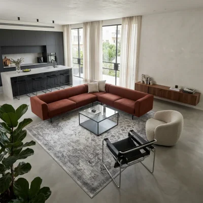 שטיח וינטג' מילאנו מדליון אפרפר 1024, Open-plan, Central Israeli apartment, Complimentary (Adaptive), lifestyle props, Con...