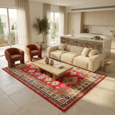 שטיח דוגמת קזאק אדום 741, Open-plan living room in a contemporary Israeli home, lifestyle props, New Mediterranean-Modern ...