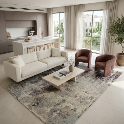 שטיח לוקה XXL LUCCA 210 NEW, Spacious open-plan contemporary Israeli living room with integrated kitchen, Soft, natural Me...