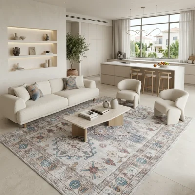 שטיח וינטג' מדליון 2139-00 XXL, Spacious open-plan contemporary Israeli living room with integrated kitchen, Soft, natural...
