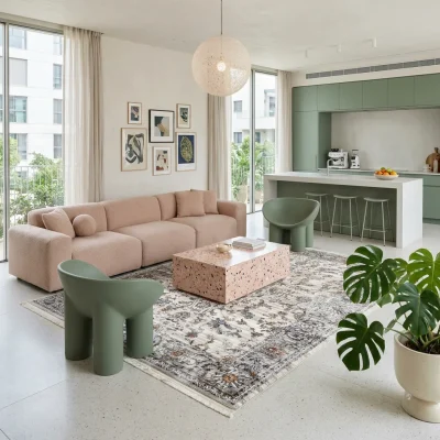 שטיח אטלס דוגמא קלאסית מסגרת אפורה 729, lifestyle props, Playful Luxury Modern, Soft Natural Mediterranean Afternoon Daylight.