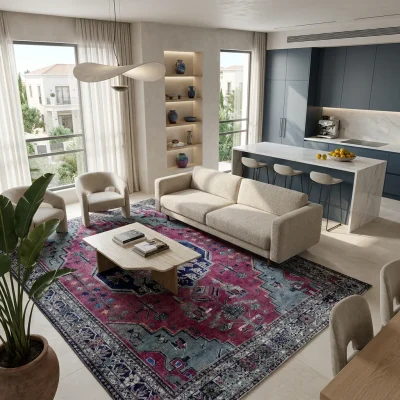 שטיח וינטג' בילבאו 07, Curated Artisanal Modern, Soft Mediterranean afternoon daylight, lifestyle props.