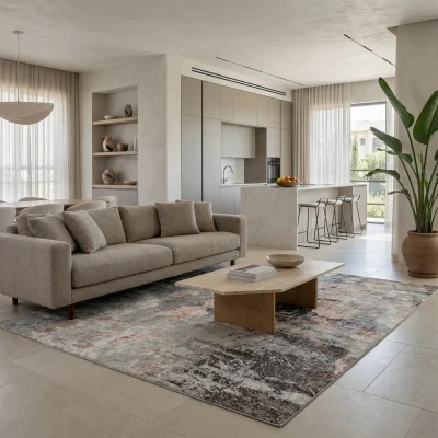 שטיח לוקה LUCCA 210, Curated Artisanal Modern, Soft Mediterranean afternoon daylight, lifestyle props.