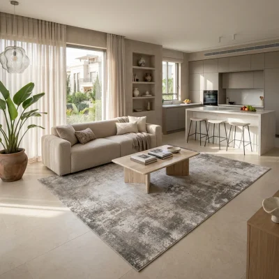 שטיח מארה גוון אפור MARA 392, Curated Artisanal Modern, Soft Mediterranean afternoon daylight, lifestyle props.