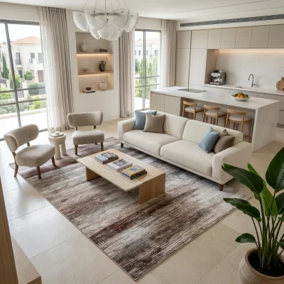 שטיח לוקה XXL LUCCA 21, Spacious open-plan contemporary Israeli living room with integrated kitchen, Soft, natural Mediter...