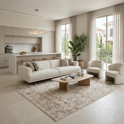 שטיח וינטג' גולד 5415-00 XXL, Spacious open-plan contemporary Israeli living room with integrated kitchen, Soft, natural M...