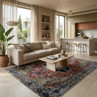 שטיח וינטג' בילבאו 10, Curated Artisanal Modern, Soft Mediterranean afternoon daylight, lifestyle props.