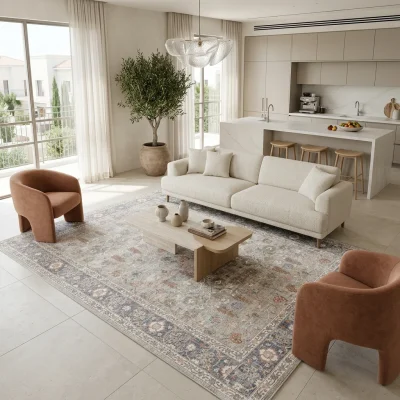 שטיח וינטג' בהיר 1767-05 XXL, Spacious open-plan contemporary Israeli living room with integrated kitchen, Soft, natural M...
