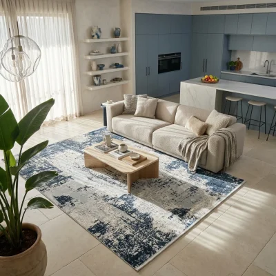 שטיח מודרני EVITA נייבי 2684, Curated Artisanal Modern, Soft Mediterranean afternoon daylight, lifestyle props.