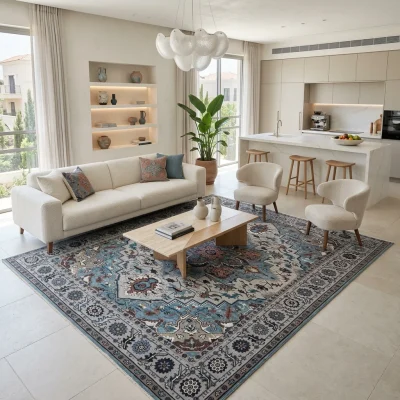 שטיח וינטג' קשמיר 67 XXL, Spacious open-plan contemporary Israeli living room with integrated kitchen, Soft, natural Medit...