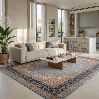 שטיח וינטג' מדליון תכלת 445, Curated Artisanal Modern, Soft Mediterranean afternoon daylight, lifestyle props.