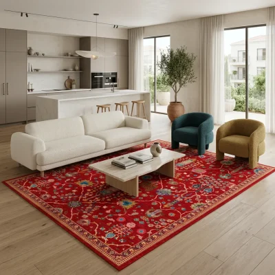 שטיח וינטג' אדום 1946-00 XXL, Spacious open-plan contemporary Israeli living room with integrated kitchen, Soft, natural M...