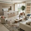 שטיח וינטג' קשמיר 424 XXL, Spacious open-plan contemporary Israeli living room with integrated kitchen, Soft, natural Medi...