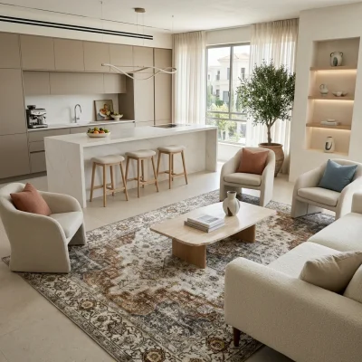 שטיח וינטג' קשמיר 424 XXL, Spacious open-plan contemporary Israeli living room with integrated kitchen, Soft, natural Medi...