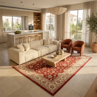 שטיח קלאסי מסגרת אדומה 451, Open-plan living room in a contemporary Israeli home, lifestyle props, New Mediterranean-Moder...