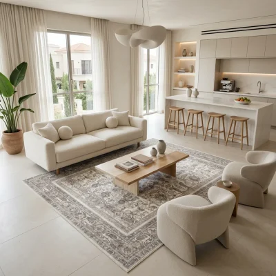 שטיח וינטג' אפור 5219-02 XXL, Spacious open-plan contemporary Israeli living room with integrated kitchen, Soft, natural M...