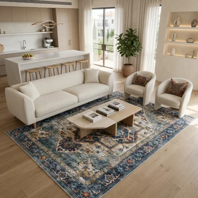 שטיח וינטג' קשמיר 193 XXL, Spacious open-plan contemporary Israeli living room with integrated kitchen, Soft, natural Medi...