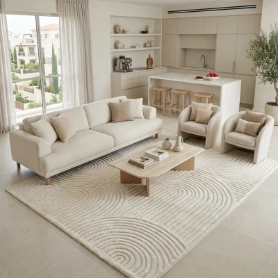שטיח ALLOY 50002-42 קרם XXL, Spacious open-plan contemporary Israeli living room with integrated kitchen, Soft, natural Me...