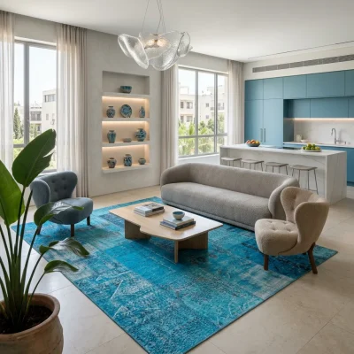טלאים טורקיז עבודת יד, Curated Artisanal Modern, Soft Mediterranean afternoon daylight, lifestyle props.
