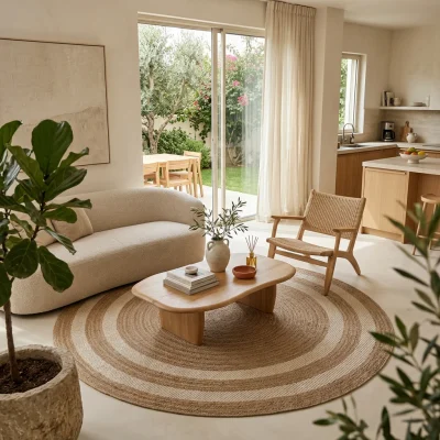 שטיח עגול INDIA דמוי חבל דגם 668 Outdoor/Indoor, Israeli Garden Apartment, lifestyle props, Soft, sunny daylight filtering...