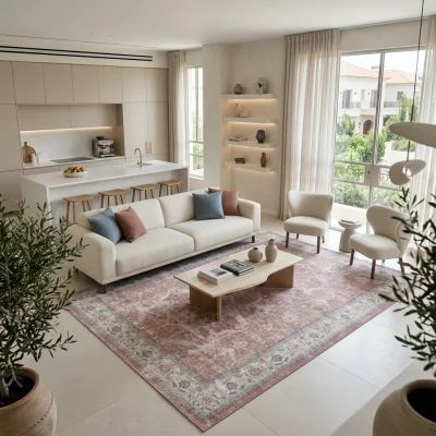 שטיח וינטג' 2043-01 XXL, Spacious open-plan contemporary Israeli living room with integrated kitchen, Soft, natural Medite...