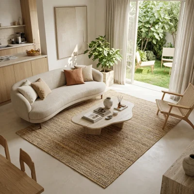 שטיח חבל/צמר מעוצב טבעי 29_21, Israeli Garden Apartment, lifestyle props, Soft, sunny daylight filtering through large gla...