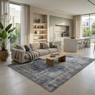 שטיח וינטג' מילאנו אפור מדליון כחול 2275, Curated Artisanal Modern, Soft Mediterranean afternoon daylight, lifestyle props.