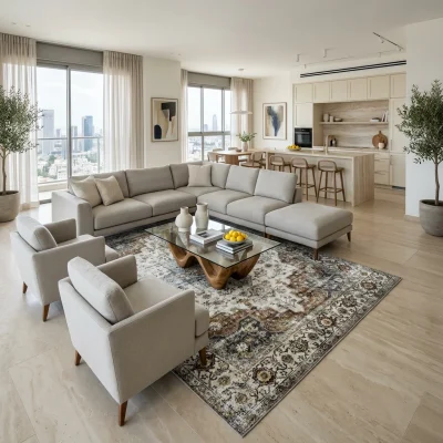 שטיח וינטג' קשמיר 424, lifestyle props, Contemporary Israeli Penthouse Luxury, Soft Window Light.