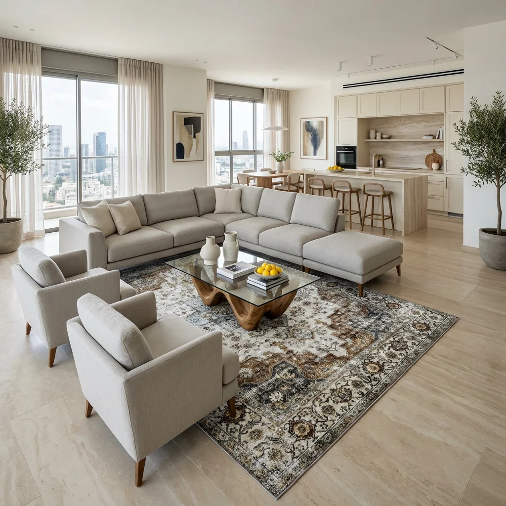 שטיח וינטג' קשמיר 424, lifestyle props, Contemporary Israeli Penthouse Luxury, Soft Window Light.