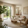 שטיח קלהארי בז' M703 עגול, Israeli Garden Apartment, lifestyle props, Soft, sunny daylight filtering through large glass d...