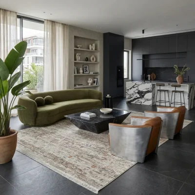 שטיח סופר וינטג׳ PERU 15, Contemporary Israeli Open-Plan Living Room, excessive props, Bold, artistic modern eclectic, Sof...