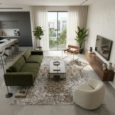 שטיח וינטג' 1883-06, Open-plan, Central Israeli apartment, Complimentary (Adaptive), lifestyle props, Contemporary Israeli...