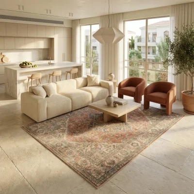 שטיח וינטג' ויולה 3593 XXL, Open-plan living room in a contemporary Israeli home, lifestyle props, New Mediterranean-Moder...