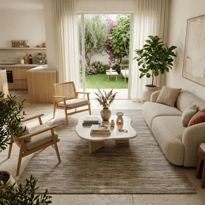 שטיח חבל/צמר טבעי מעוצב גוון אפור 28, Israeli Garden Apartment, lifestyle props, Soft, sunny daylight filtering through la...